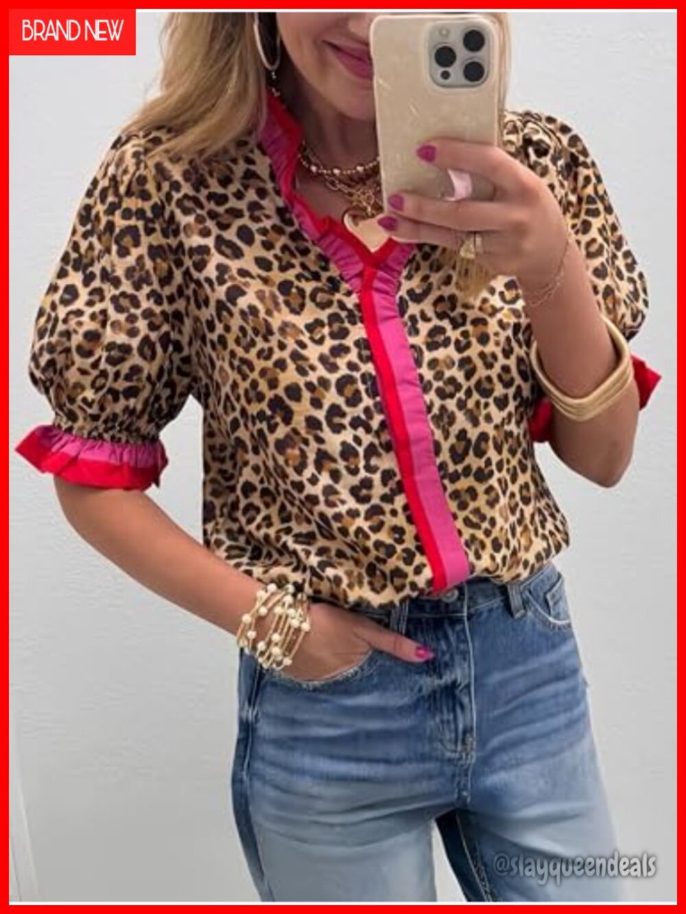 Ruffle Trim Floral Blouse with Short Puff Sleeves V-Neck Button Down Lightweight - Picture 2 of 6